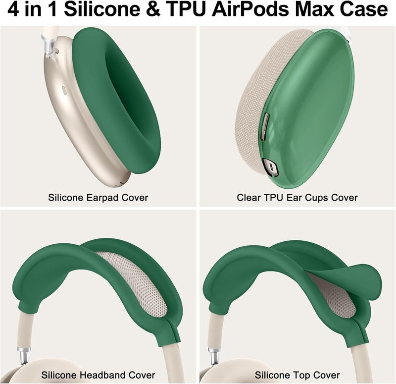 MINDRESY [4 in 1] Silicone Case Cover for AirPods Max,Clear Soft TPU Ear Cups Cover/Ear Pad Case/Headband Covers for AirPods Max (2024/2020),Transparent Accessories for Apple AirPod Max (USB-C),Dark Green - Image 4